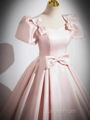 A-Line Satin Pink Quinceanera Dress Long Evening Prom Dress With Bows Short Sleeves