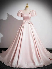 A-Line Satin Pink Quinceanera Dress Long Evening Prom Dress With Bows Short Sleeves