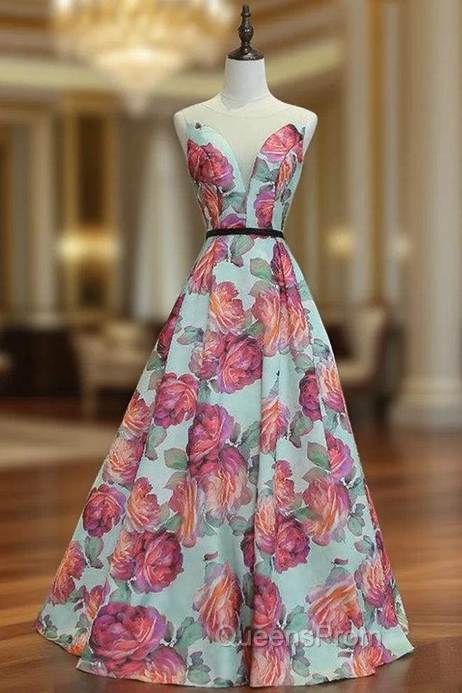 A-line Satin Print Evening Prom Dress