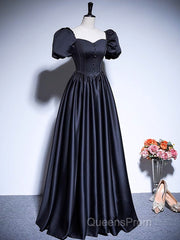 A-Line Satin Puff Sleeves Black Long Evening Prom Dress, Black Long Evening Dress