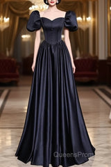 A-Line Satin Puff Sleeves Black Long Evening Prom Dress, Black Long Evening Dress