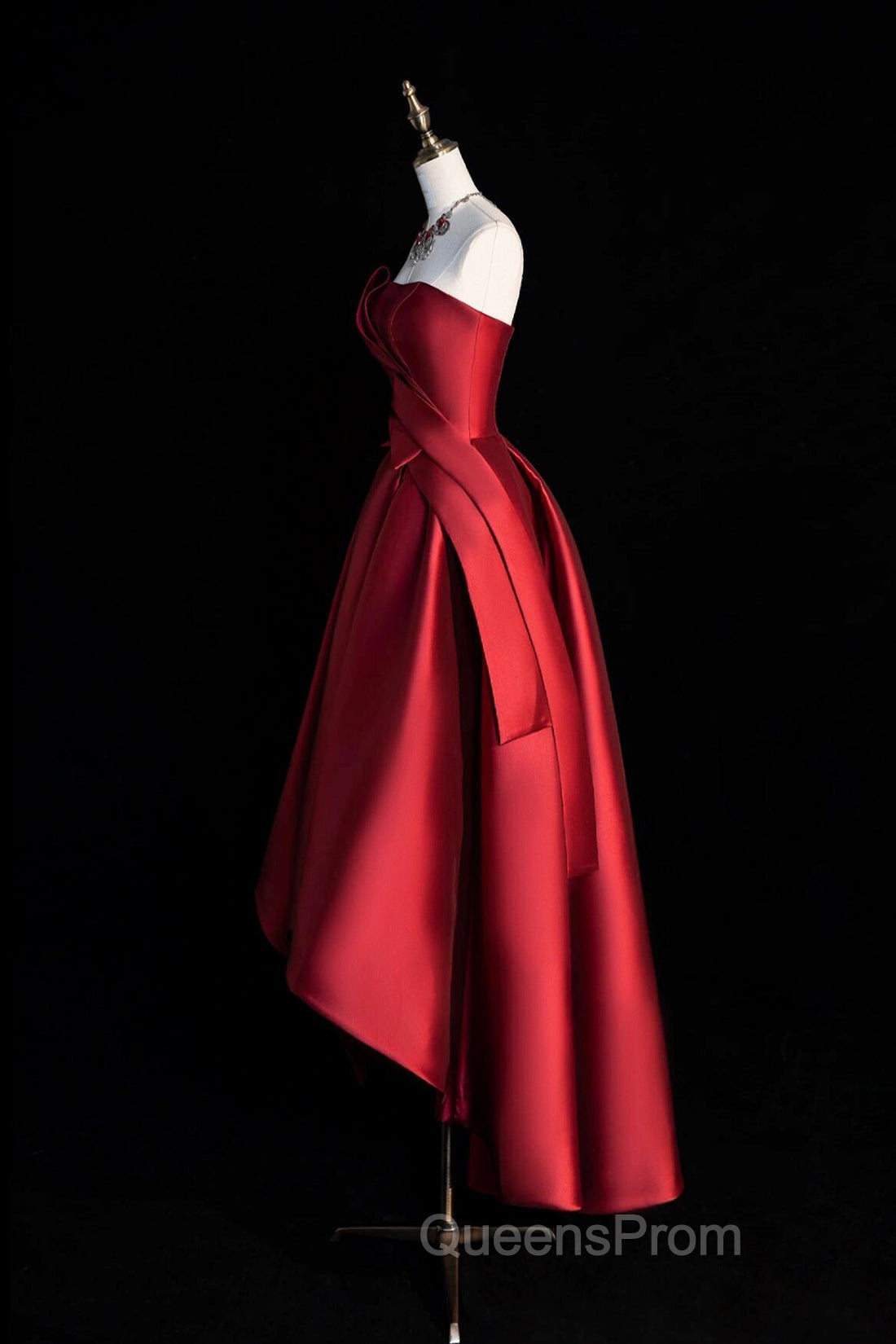A-Line Satin Short Evening Prom Dress, Burgundy Strapless High Low Party Dress Secondary image