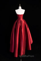 A-Line Satin Short Evening Prom Dress, Burgundy Strapless High Low Party Dress