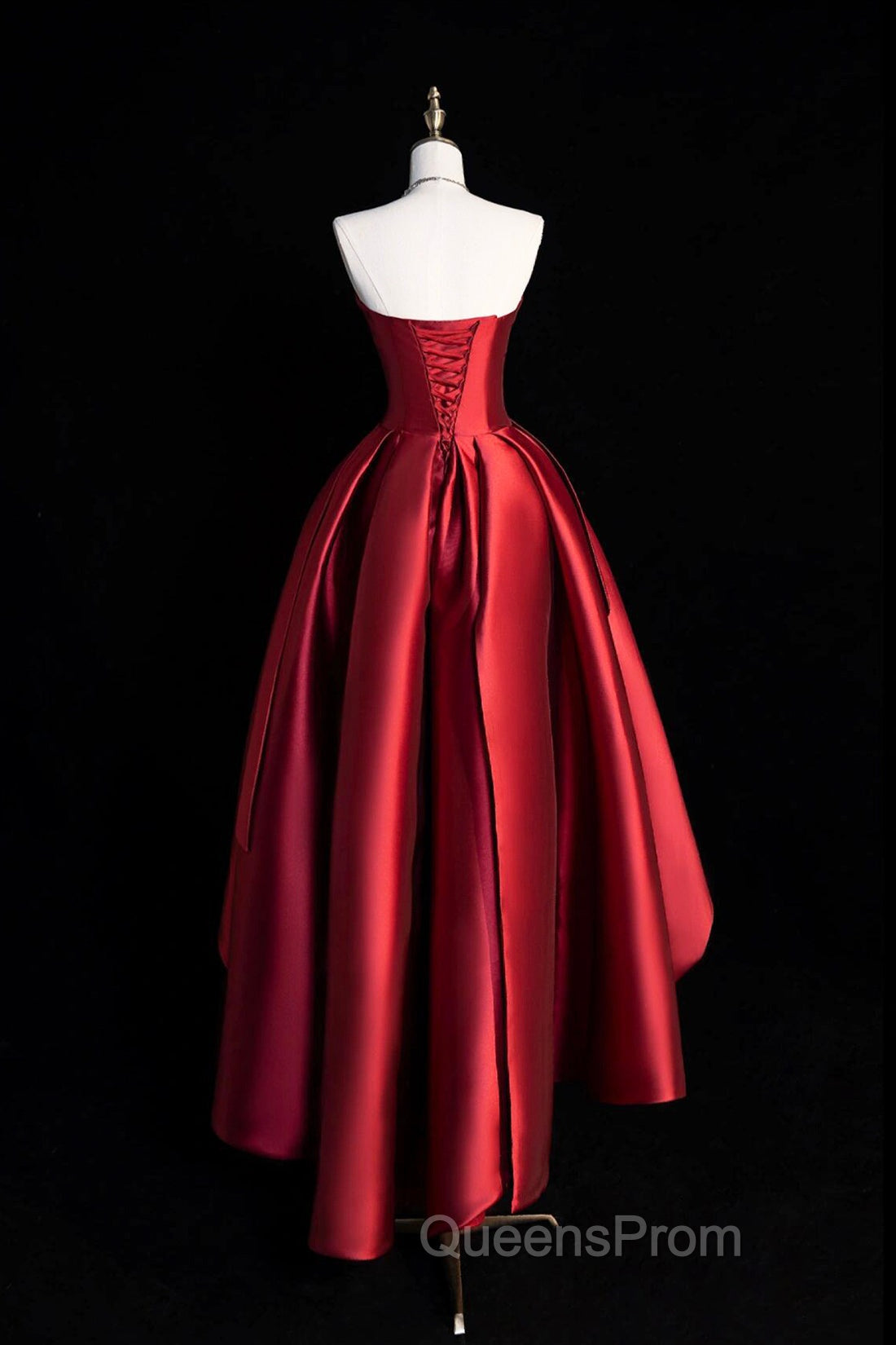 A-Line Satin Short Evening Prom Dress, Burgundy Strapless High Low Party Dress