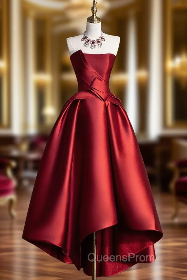 A-Line Satin Short Evening Prom Dress, Burgundy Strapless High Low Party Dress Main image