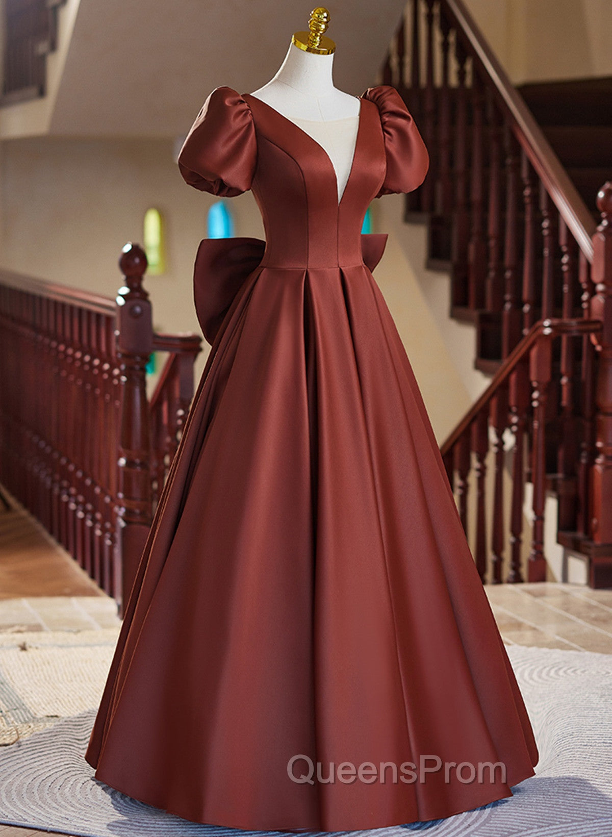A-line Satin Short Sleeves Long Evening Prom Dress, Satin Simple Evening Dress Secondary image