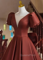 A-line Satin Short Sleeves Long Evening Prom Dress, Satin Simple Evening Dress