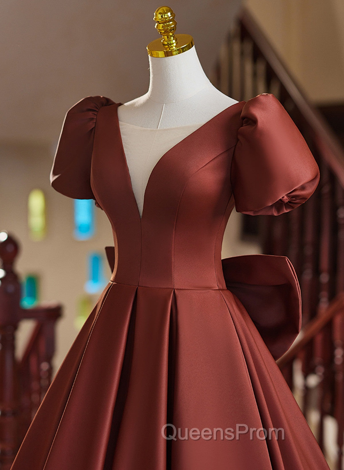 A-line Satin Short Sleeves Long Evening Prom Dress, Satin Simple Evening Dress