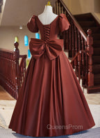 A-line Satin Short Sleeves Long Evening Prom Dress, Satin Simple Evening Dress