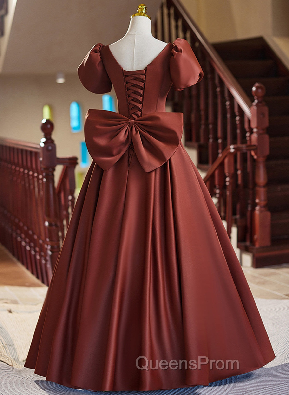 A-line Satin Short Sleeves Long Evening Prom Dress, Satin Simple Evening Dress