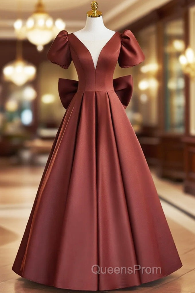 A-line Satin Short Sleeves Long Evening Prom Dress, Satin Simple Evening Dress Main image