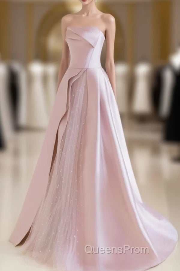 A-Line  Satin Tulle Pink Long Evening Prom Dress, Pink Long Evening Dress