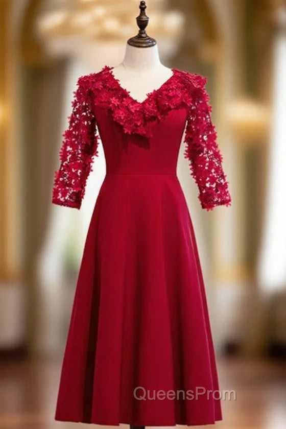 A-Line Satin V-neck Short Sleeve Flower Evening Prom Dress