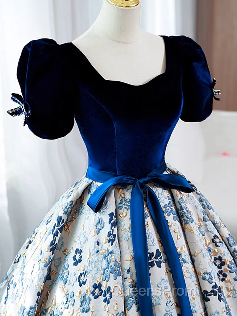 A-Line Satin Velvet Blue Long Evening Prom Dress, Blue Long Evening Dress