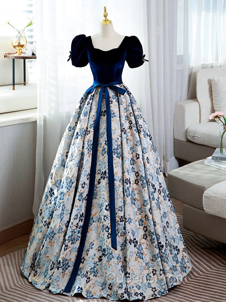 A-Line Satin Velvet Blue Long Evening Prom Dress, Blue Long Evening Dress