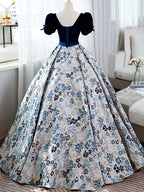 A-Line Satin Velvet Blue Long Evening Prom Dress, Blue Long Evening Dress