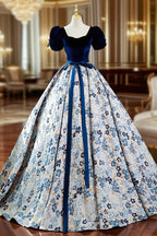 A-Line Satin Velvet Blue Long Evening Prom Dress, Blue Long Evening Dress