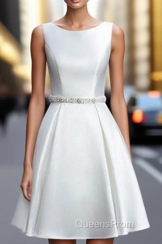 A-Line Satin Vintage White Ivory Short Wedding Dress
