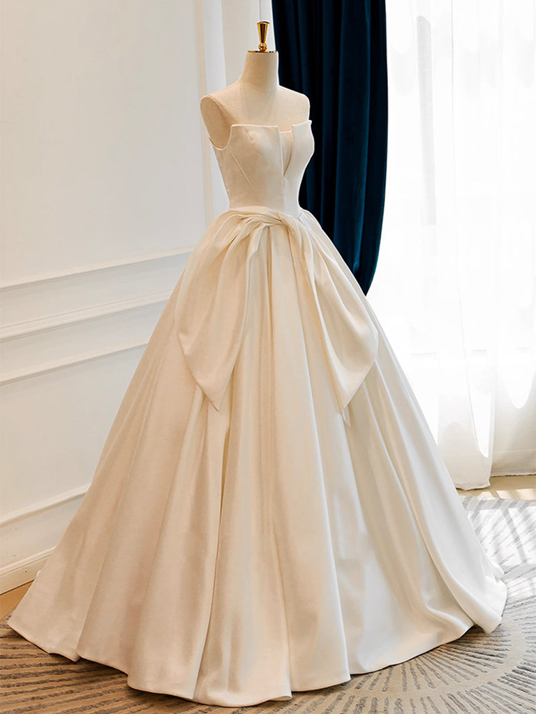 A-Line Satin White Long Classy Prom Dress, White Long Classy Dress