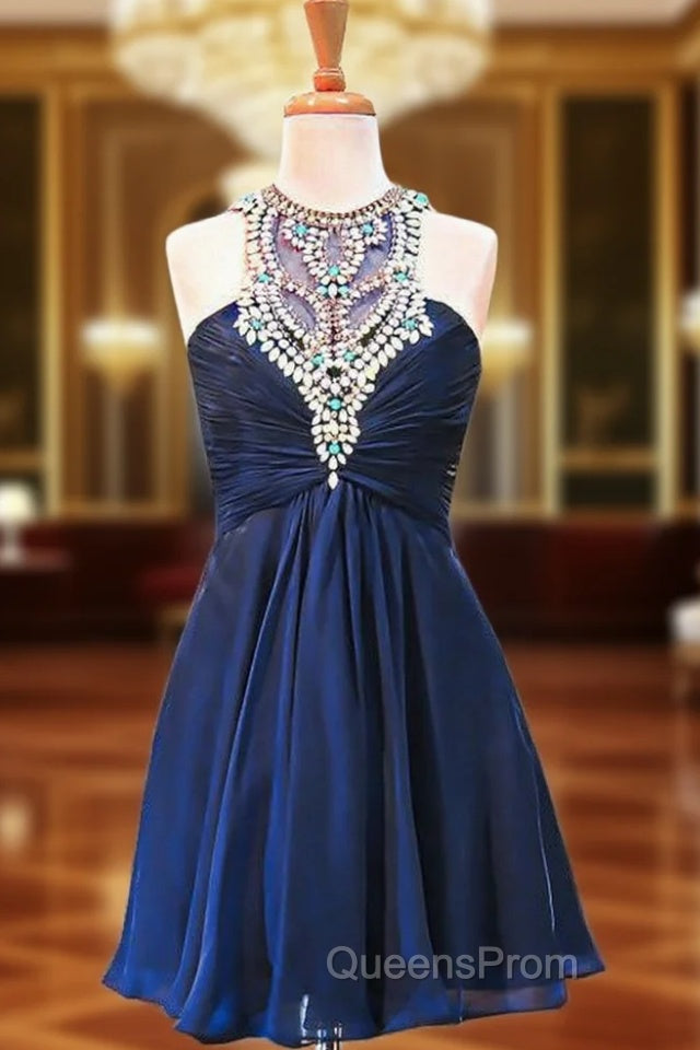 A-line Scoop Beaded Crystals Navy Blue Chiffon Short Homecoming Dress Main image