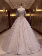 A-Line Scoop Neckline Gray Blue Long Evening Prom Dress, Tulle Lace Long Evening Dress