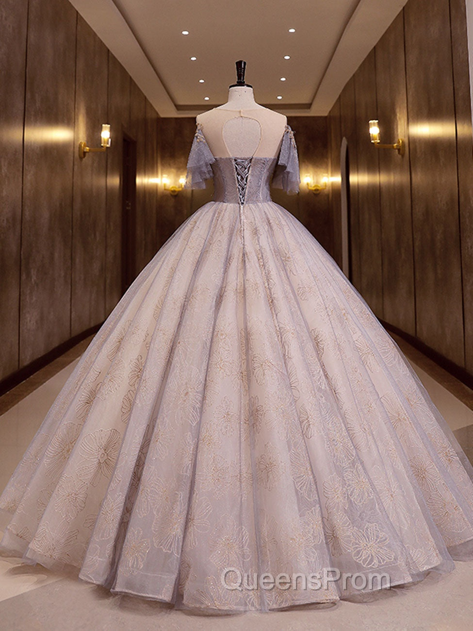 A-Line Scoop Neckline Gray Blue Long Evening Prom Dress, Tulle Lace Long Evening Dress