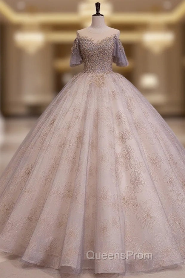 A-Line Scoop Neckline Gray Blue Long Evening Prom Dress, Tulle Lace Long Evening Dress