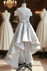 A-Line Scoop Neckline Lace Gray Evening Prom Dress, High Low Style Satin Evening Dress