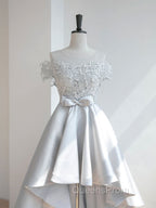 A-Line Scoop Neckline Lace Gray Evening Prom Dress, High Low Style Satin Evening Dress