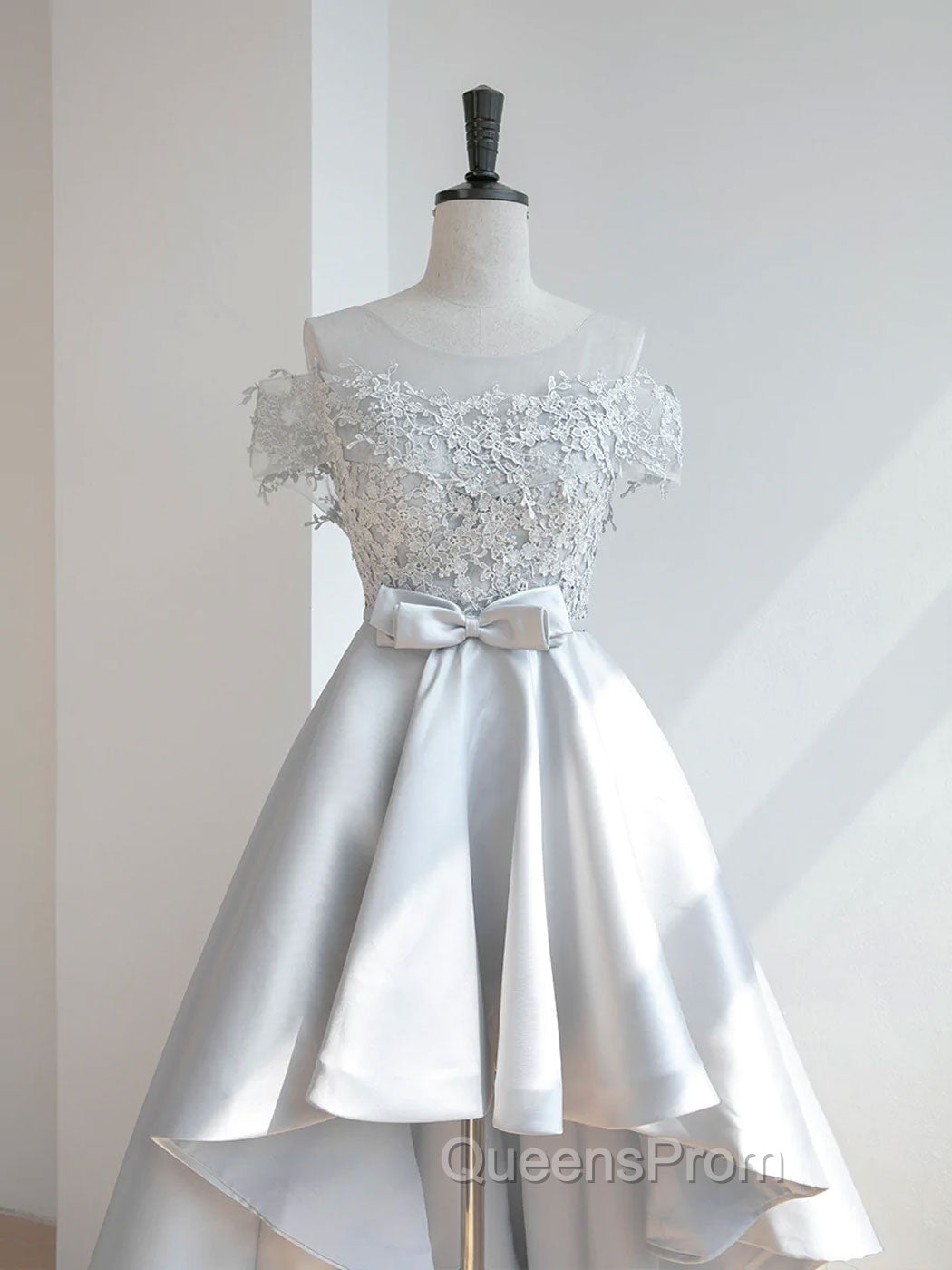 A-Line Scoop Neckline Lace Gray Evening Prom Dress, High Low Style Satin Evening Dress