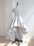 A-Line Scoop Neckline Lace Gray Evening Prom Dress, High Low Style Satin Evening Dress