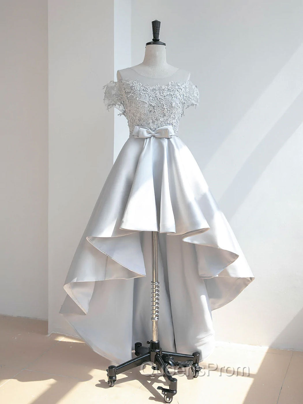 A-Line Scoop Neckline Lace Gray Evening Prom Dress, High Low Style Satin Evening Dress