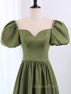A-Line Scoop Neckline Puff Sleeves Satin Long Green Evening Prom Dress, Green Evening Dress