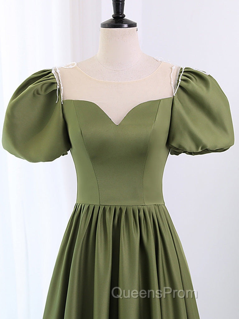 A-Line Scoop Neckline Puff Sleeves Satin Long Green Evening Prom Dress, Green Evening Dress