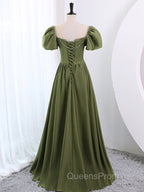 A-Line Scoop Neckline Puff Sleeves Satin Long Green Evening Prom Dress, Green Evening Dress