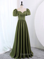 A-Line Scoop Neckline Puff Sleeves Satin Long Green Evening Prom Dress, Green Evening Dress