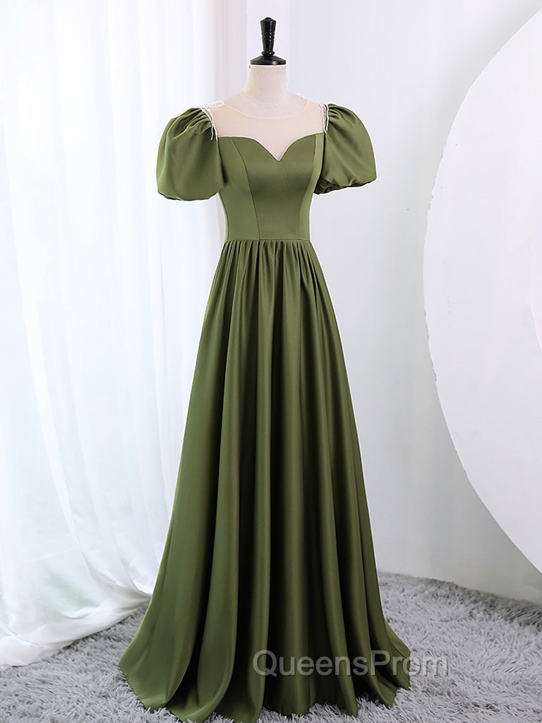 A-Line Scoop Neckline Puff Sleeves Satin Long Green Evening Prom Dress, Green Evening Dress