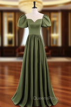 A-Line Scoop Neckline Puff Sleeves Satin Long Green Evening Prom Dress, Green Evening Dress