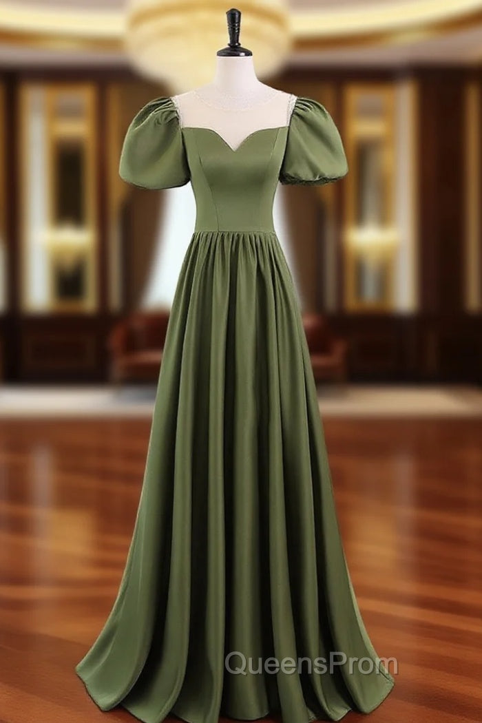 A-Line Scoop Neckline Puff Sleeves Satin Long Green Evening Prom Dress, Green Evening Dress