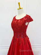 A-Line Scoop Neckline Satin Lace Burgundy Long Evening Prom Dress, Burgundy Lace Long Evening Dress
