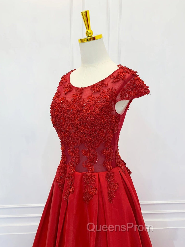 A-Line Scoop Neckline Satin Lace Burgundy Long Evening Prom Dress, Burgundy Lace Long Evening Dress