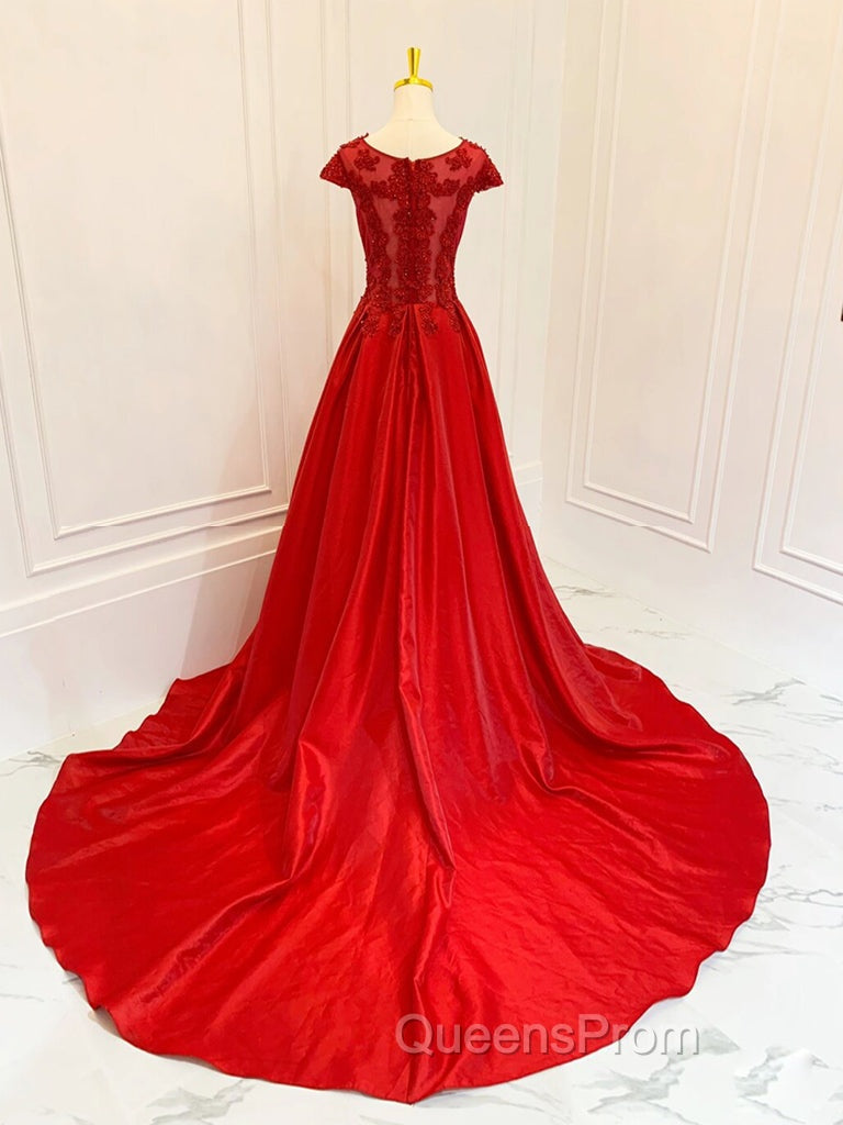 A-Line Scoop Neckline Satin Lace Burgundy Long Evening Prom Dress, Burgundy Lace Long Evening Dress