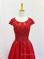 A-Line Scoop Neckline Satin Lace Burgundy Long Evening Prom Dress, Burgundy Lace Long Evening Dress