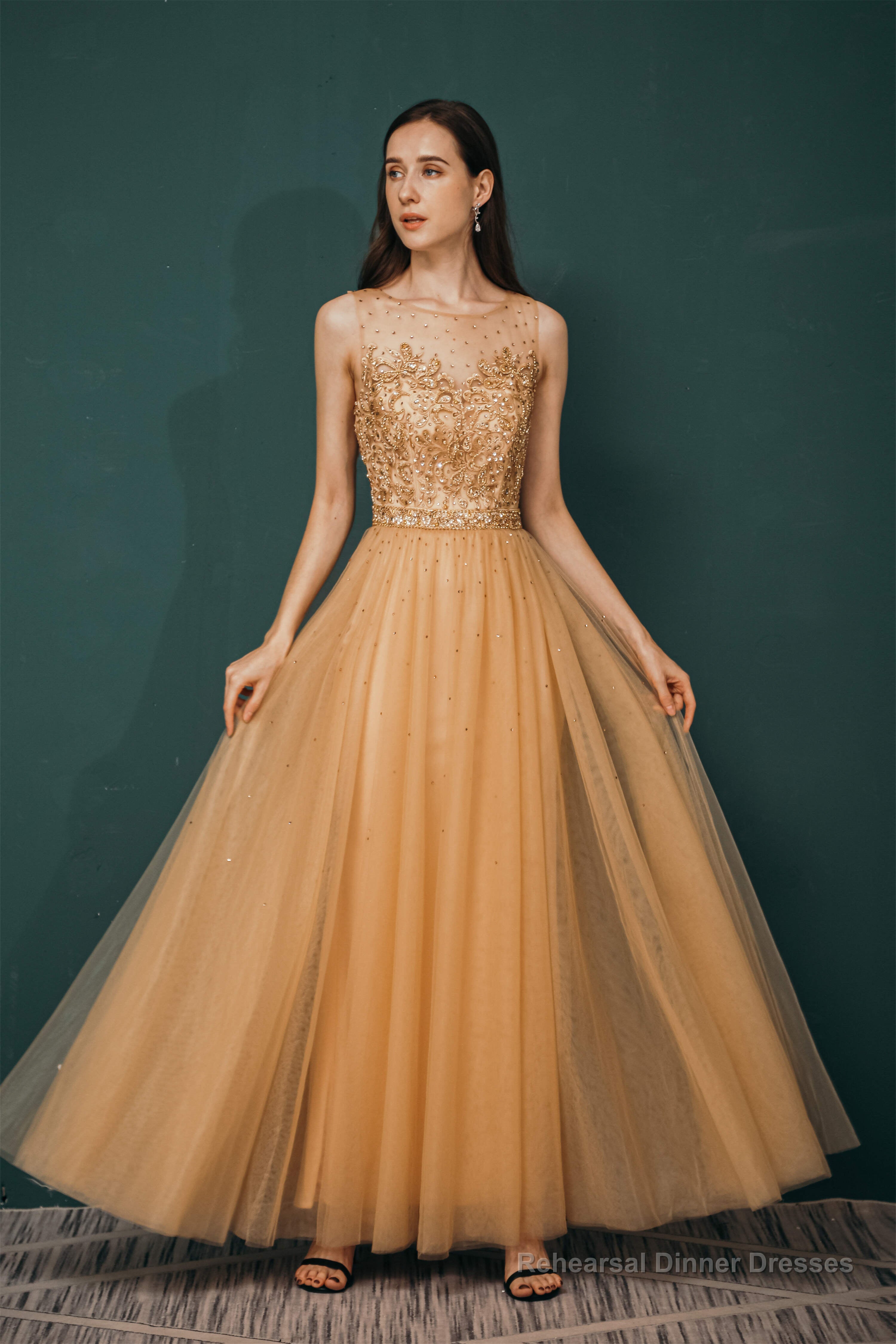 A-Line Scoop Neckline Sheer Appliques Beaded Ankle Length Prom Dresses Main image