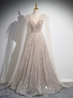 A-Line Scoop Neckline Tulle Champagne Long Classy Prom Dress, Champagne Sequin Prom Dress