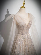 A-Line Scoop Neckline Tulle Champagne Long Classy Prom Dress, Champagne Sequin Prom Dress