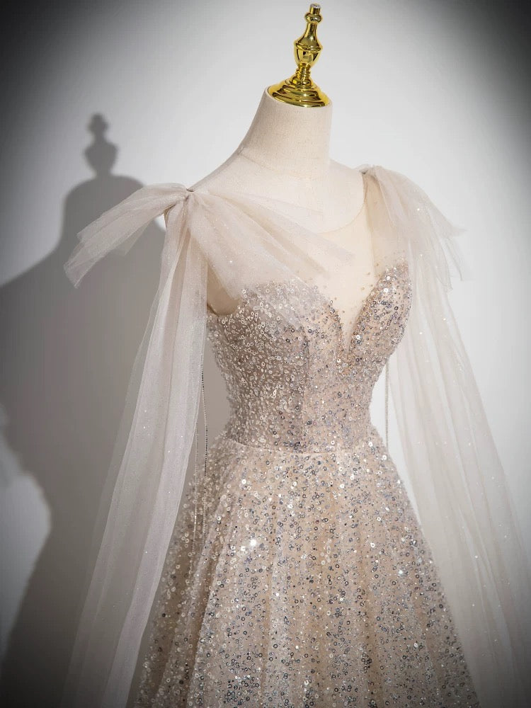 A-Line Scoop Neckline Tulle Champagne Long Classy Prom Dress, Champagne Sequin Prom Dress