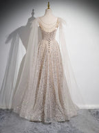 A-Line Scoop Neckline Tulle Champagne Long Classy Prom Dress, Champagne Sequin Prom Dress