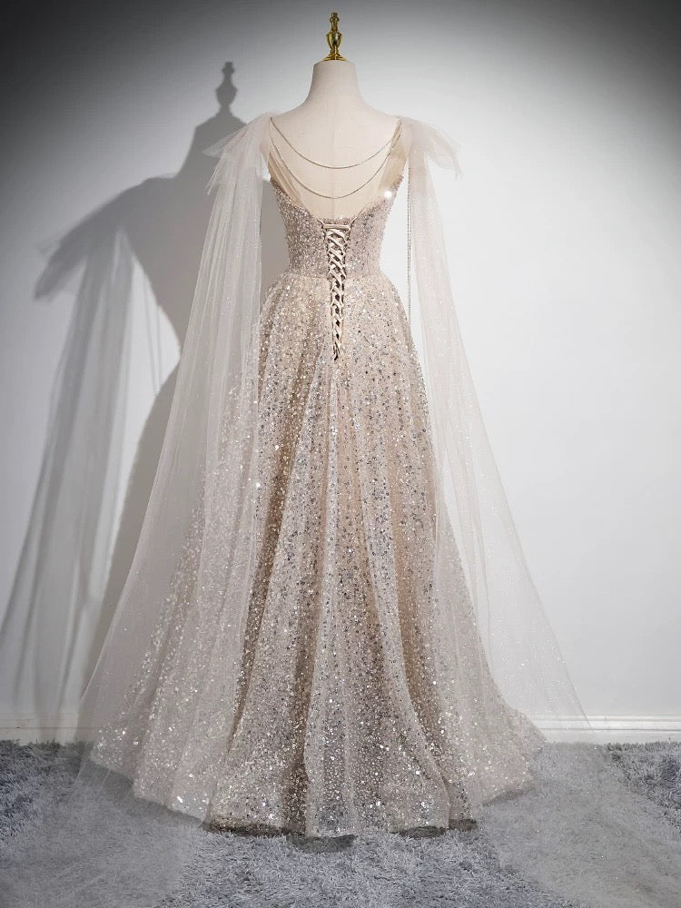 A-Line Scoop Neckline Tulle Champagne Long Classy Prom Dress, Champagne Sequin Prom Dress