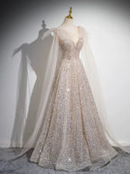 A-Line Scoop Neckline Tulle Champagne Long Classy Prom Dress, Champagne Sequin Prom Dress